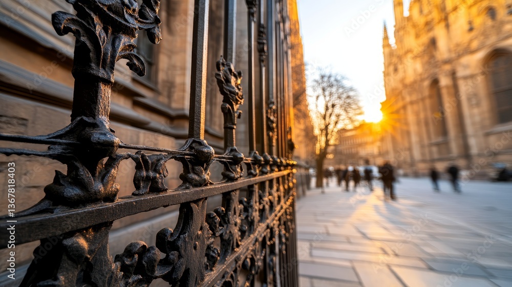 Poster intricate metalwork on the gates of an old cathedral is illuminated by sunlight, showcasing the craf