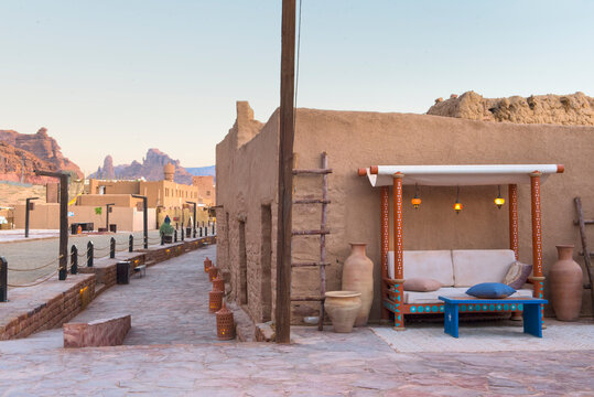 Open-air cafe on a small square in the old town of AlUla, Medina Province
