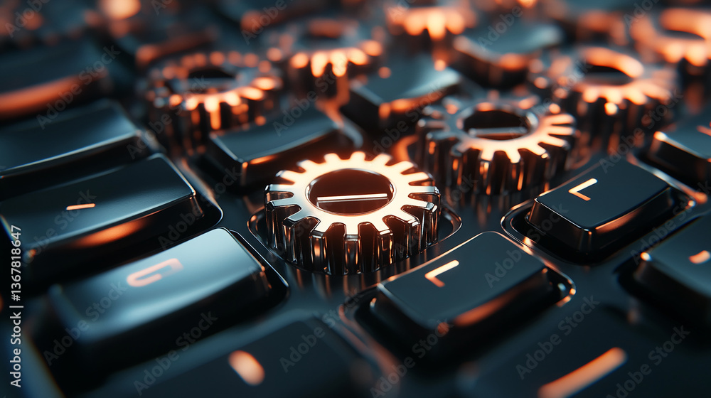 Poster Close-up of metallic gears on a dark keyboard, showcasing intricate detail and mechanism. Symbolizes technology, precision, and complex processes, ideal for tech or engineering concepts