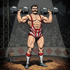 muscular athlete in a red-striped vintage wrestling outfit flexing his muscles in a traditional strongman pose under the circus lights.