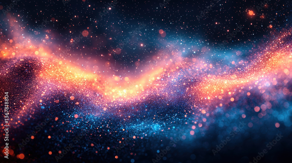 Poster mesmerizing cosmic scene featuring vibrant colors and sparkling particles, evoking sense of wonder a