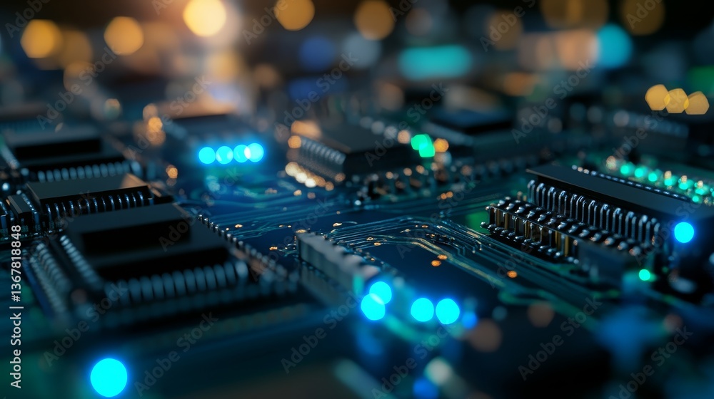 Poster Intricate circuit boards and server components glow with blue and green lights, symbolizing digital connectivity set against a dark futuristic backdrop