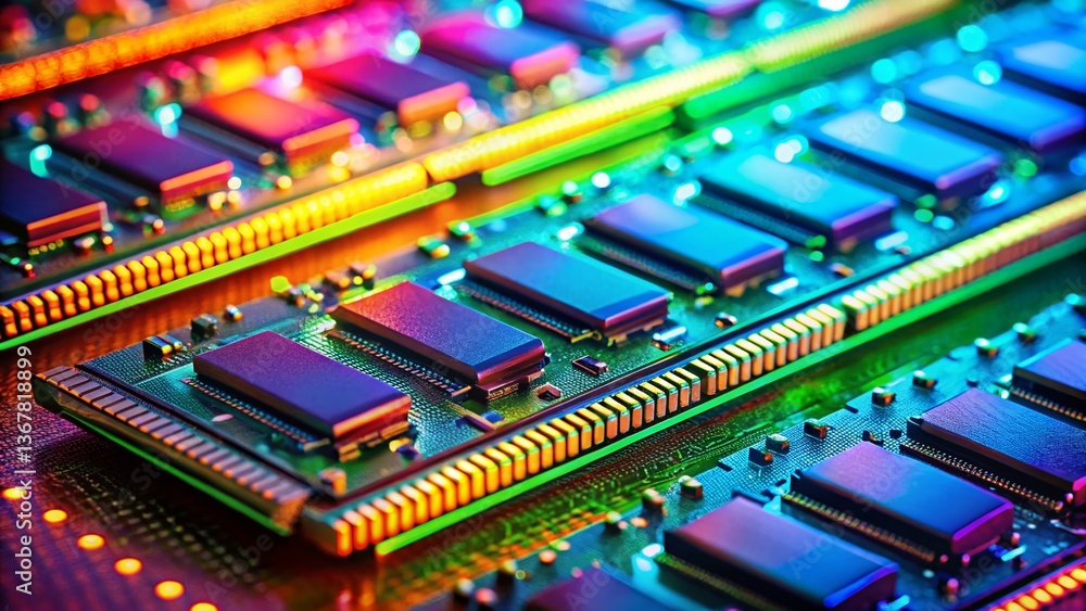 Poster miniature ram memory modules: close-up of colorful ddr memory sticks on a circuit board