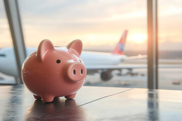 Piggy bank placed on a table with an airplane in the background during sunset at an airport