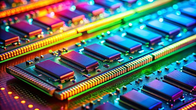 Miniature RAM Memory Modules: Close-up of Colorful DDR Memory Sticks on a Circuit Board