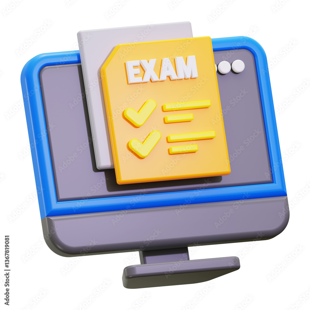 Poster online exam preparation shown with a 3d rendering of a computer monitor displaying an exam checklist