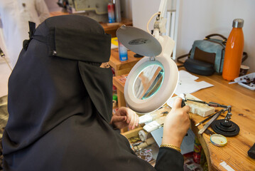 Jewellery workshop, Madrasat Addeera, an artistic space where women learn crafts to be sold in AlUla, Medina Province