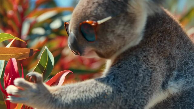 Funny koala with sunglasses posing in park nature clip. Cute australian animal wearing tortoiseshell frame eyewear footage. Mammal in summer vacation motion picture.