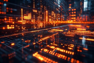 A modern digital ledger representing a financial business plan, with glowing numbers, digital entries, and a sleek format