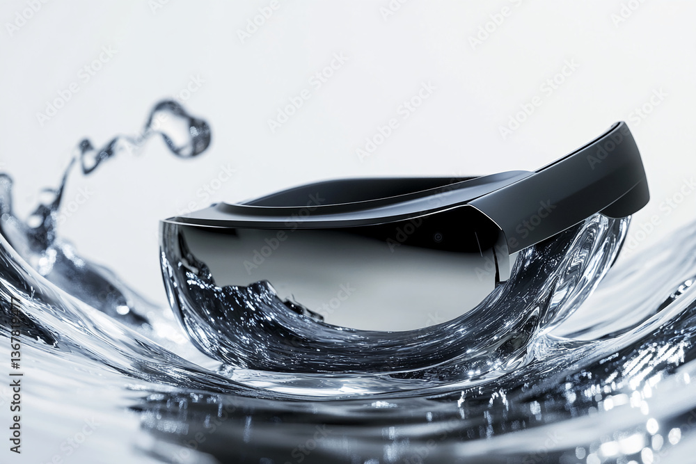 Poster black virtual reality headset resting on a water wave, creating a sleek and modern aesthetic showcas