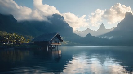 Fototapeta premium Serene Overwater Bungalow in Tropical Paradise at Sunrise