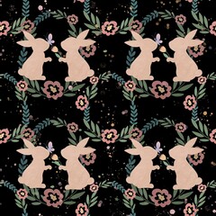 Easter Bunny Watercolor Illustration. Spring Happy Easter Card Design. Pastel Easter Rabbits and Floral Pattern.