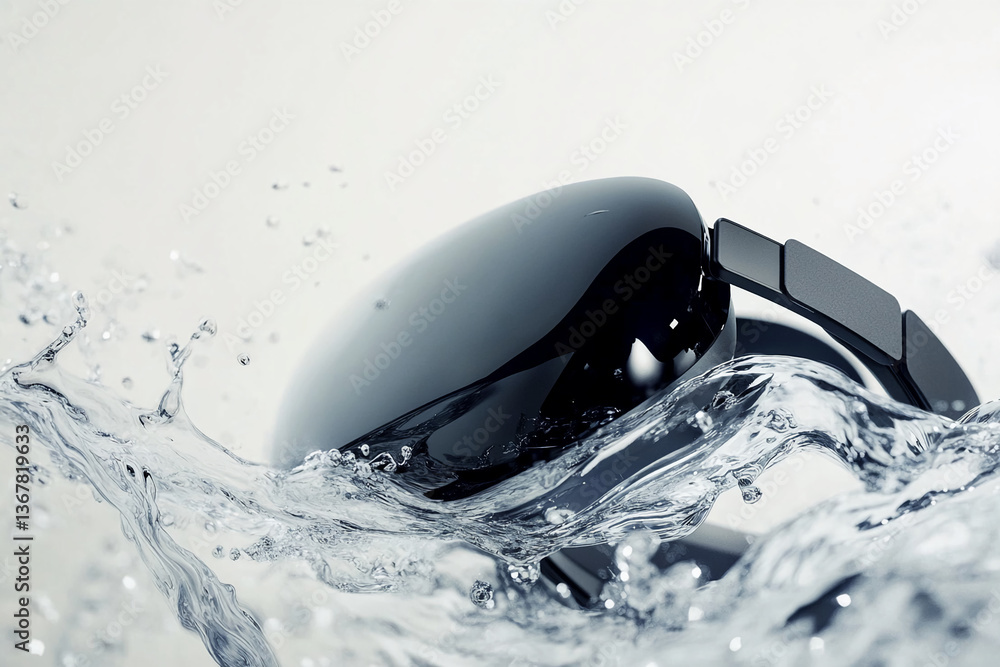 Poster black device submerged in water, creating dynamic splashes showcasing waterproof design, ideal for a