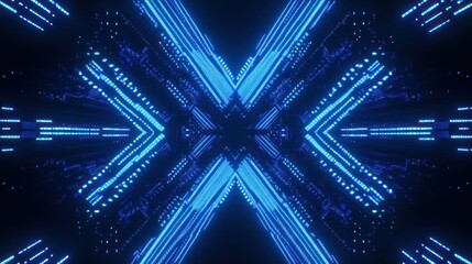 Neon Blue Light Tunnel, X-Shape