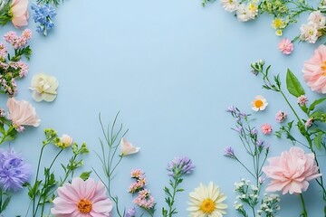 Fototapeta premium Pastel Flower Frame on a Light Blue Background A Springtime Floral Design.
