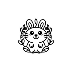 Cute Bunny with Laurel Wreath: Minimalist Line Art Icon