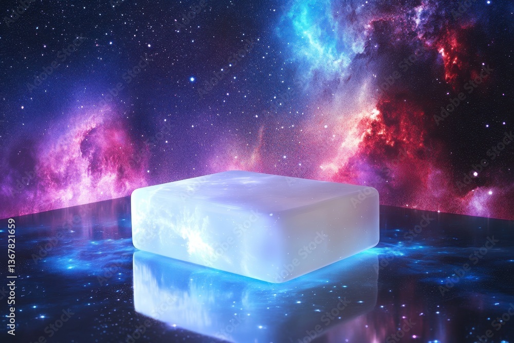 Poster ethereal glowing block resting on a cosmic background with vibrant colors in space