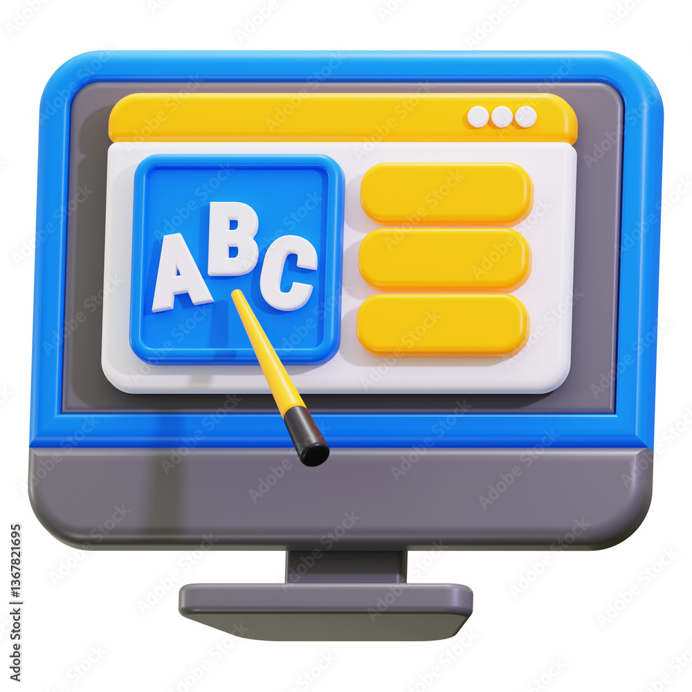 Poster online teaching concept with abc displayed on computer screen in 3d for educational websites, blogs,