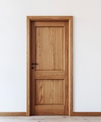 Closed Wooden Door with Frame and Black Handle on White Wall
