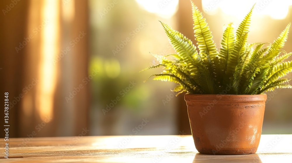 Poster Close-up view of a green fern in a clay pot, positioned near a sunlit window with warm light filtering through sheer curtains, creating an inviting atmosphere