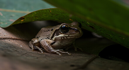 Fototapeta premium Concealed amphibian portrait: A tree frog hidden beneath a spacious, verdant leaf