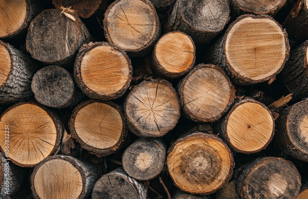 Poster stacked tree logs texture background with wood grain pattern close up