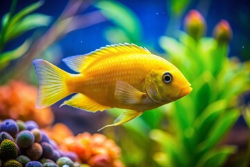 Fototapeta premium Miniature Yellow Parrot Fish Aquarium, Adorable Tiny Tropical Fish, Vivid Colors, Close-Up