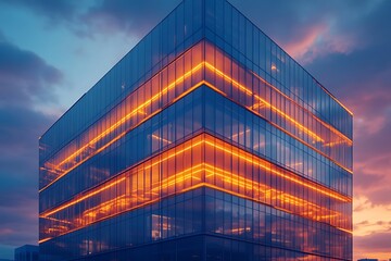 A modern office building with reflective glass surfaces and glowing neon lights at dusk