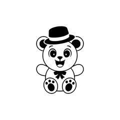 Dapper Teddy Bear Icon: Black & White Cartoon with Bow Tie & Hat
