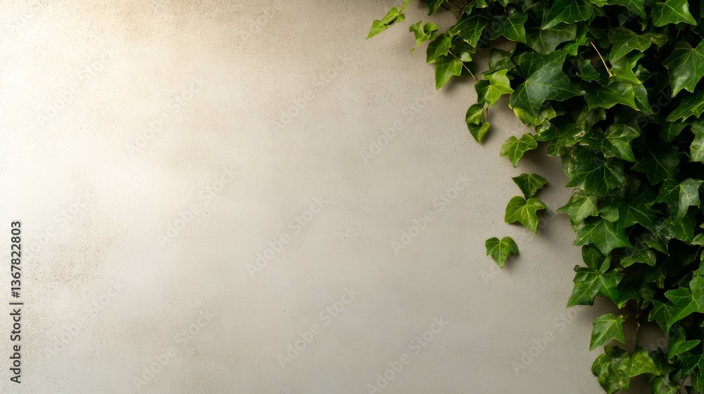 Aufkleber Green ivy envelops a textured white stone wall, casting intricate shadows in the gentle afternoon light, with negative space available for design elements