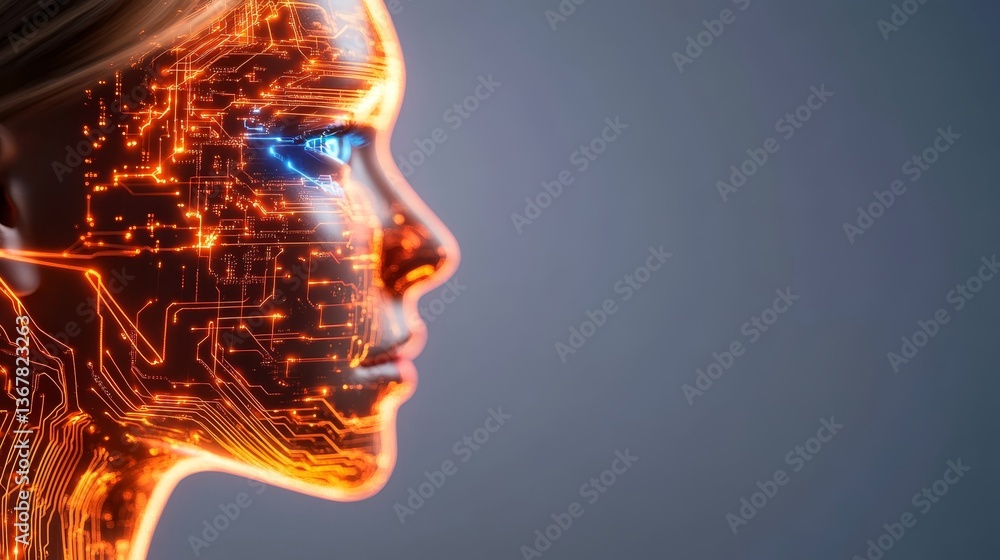 Poster close-up of a humanoid head features bright blue and yellow cybernetic eyes and detailed circuitry, 