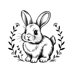 Adorable Line Art Bunny Illustration with Floral Wreath
