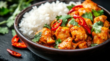 Fototapeta premium Enjoy a steaming bowl of grilled spicy chicken alongside fluffy rice, accented with fresh herbs and red chilies, all presented on a dark slate table