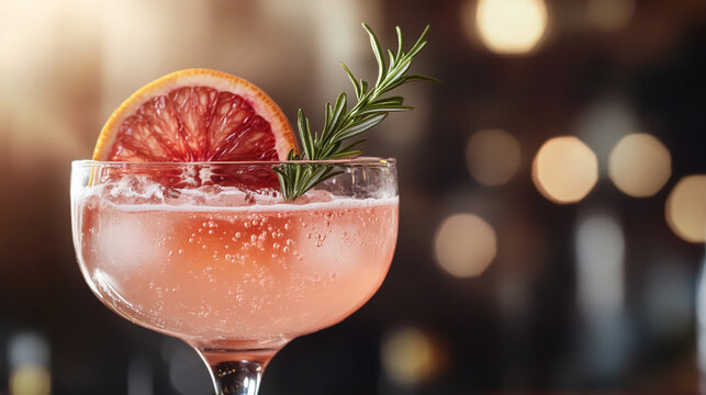 Close-up of a pink cocktail in a coupe glass, garnished with a blood orange slice and rosemary sprig, set against a blurred bar background, showcasing a refreshing drink concept