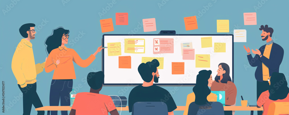 Leinwandbilder creative young team collaborating in office meeting, utilizing sticky notes and whiteboard to genera