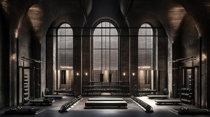 Industrial-chic gym interior with arched windows