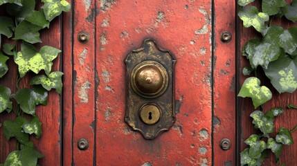 Fototapeta premium Worn Red Door with Ivy and Doorbell