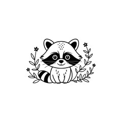 Cute Cartoon Raccoon with Floral Wreath - Black & White Illustration