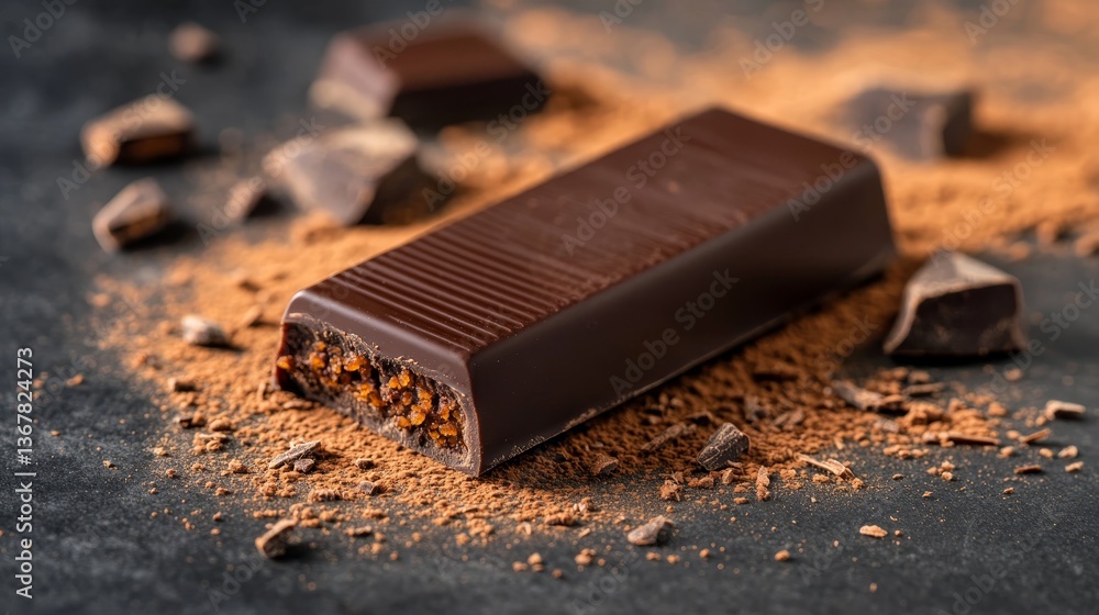 Poster Dark chocolate bar with deep ridges sits on a cocoa-dusted surface, surrounded by scattered cocoa nibs and grated chocolate, highlighting its artisanal quality