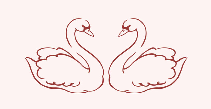 Naklejki Hand drawn love illustration. Swans in vector for invitations, stationery, design. Love clipart. Whimsical line drawings