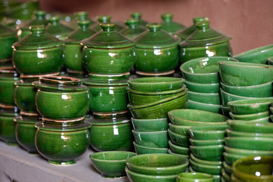 The green glaze, dominant colour in pottery from the city of Tamegroute, Draa River valley, Province of Zagora, Region Draa-Tafilalet