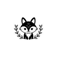 Adorable Black Fox Logo with Laurel Wreath, Minimalist Design