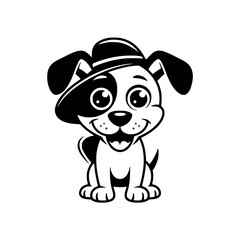 Happy Cartoon Dog in a Hat: Black and White Vector Illustration