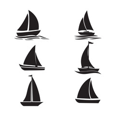 Sailboat Silhouette Icons Set, Nautical Vector Illustrations, Sailing Logo Elements, Marine Travel Symbols