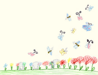 Cheerful children's background. Sheep graze on a flowering meadow