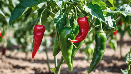 Red Chili growing in the field, Red Chili pepper in field, Red Chilies in field