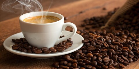 Aromatic Espresso in a White Cup Surrounded by Roasted Coffee Beans on a Wooden Table