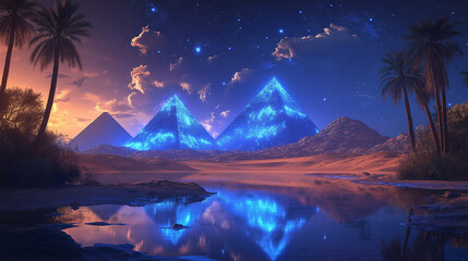 Naklejka premium The pyramids and palm trees in the foreground, slot game background, Illustration