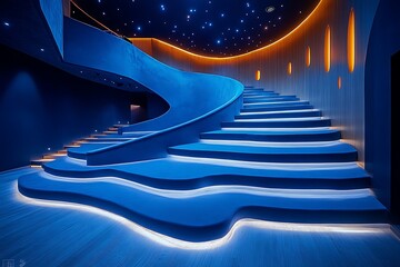 A modern theater with minimalist design and ambient lighting, creating an intimate and innovative space