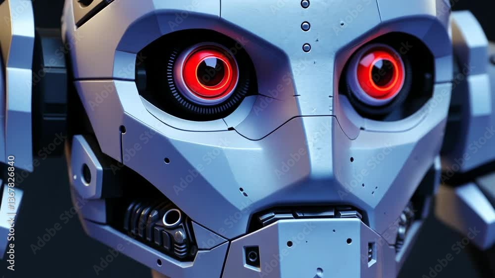 Poster futuristic robot head with red eyes: closeup sequence of mechanical precision
